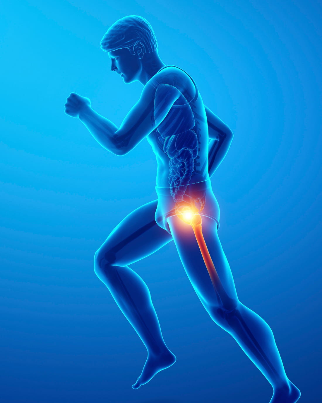 Illustration of a runner's anatomy with a highlighted, glowing hip joint, suggesting pain or stress in that area.