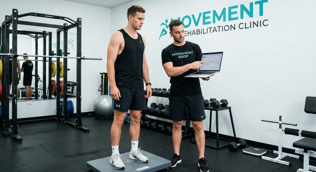Patient working with a provider at a performance physical therapy clinic in Torrance, CA during return-to-sport force plate testing