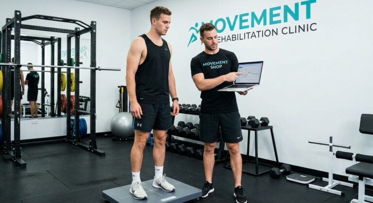 Patient working with a provider at a performance physical therapy clinic in Torrance, CA during return-to-sport force plate testing